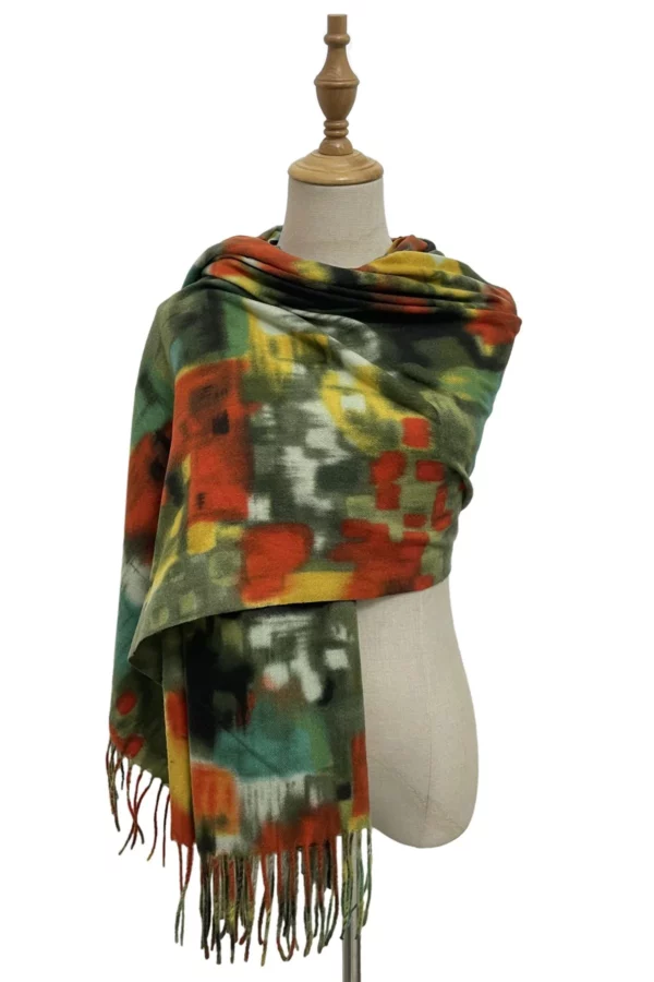 Patchwork sjaal van zachte wol met kwastjes - Afbeelding 2