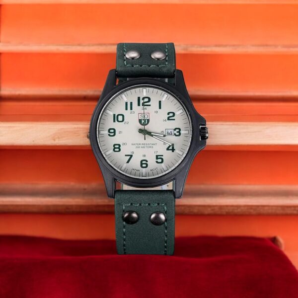 Sports Casual Calendar polshorloge voor heren met groen lederen armband